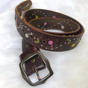 Floral Embroidered Brown Leather Belt